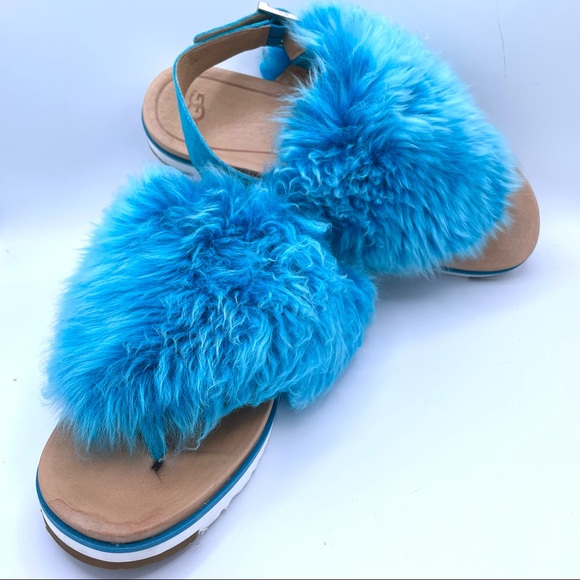 UGG, Holly, Turquoise Shearling Slingback Thong Sandals - Picture 3 of 6